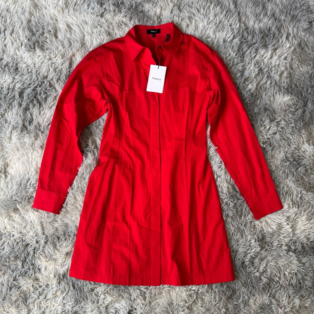 NWT Theory Grenadine Mini Button Down Collared Shirt Dress Red 0 XS Long Sleeve
